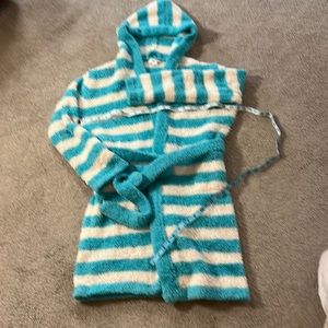 Barefoot Dreams hooded robe. Turquoise stripe. Original owner worn & washed once